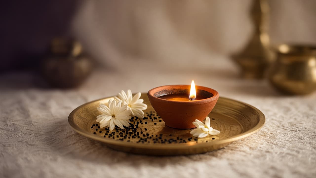 Lit clay diya with black til and white flowers for Sarva Pitru Amavasya