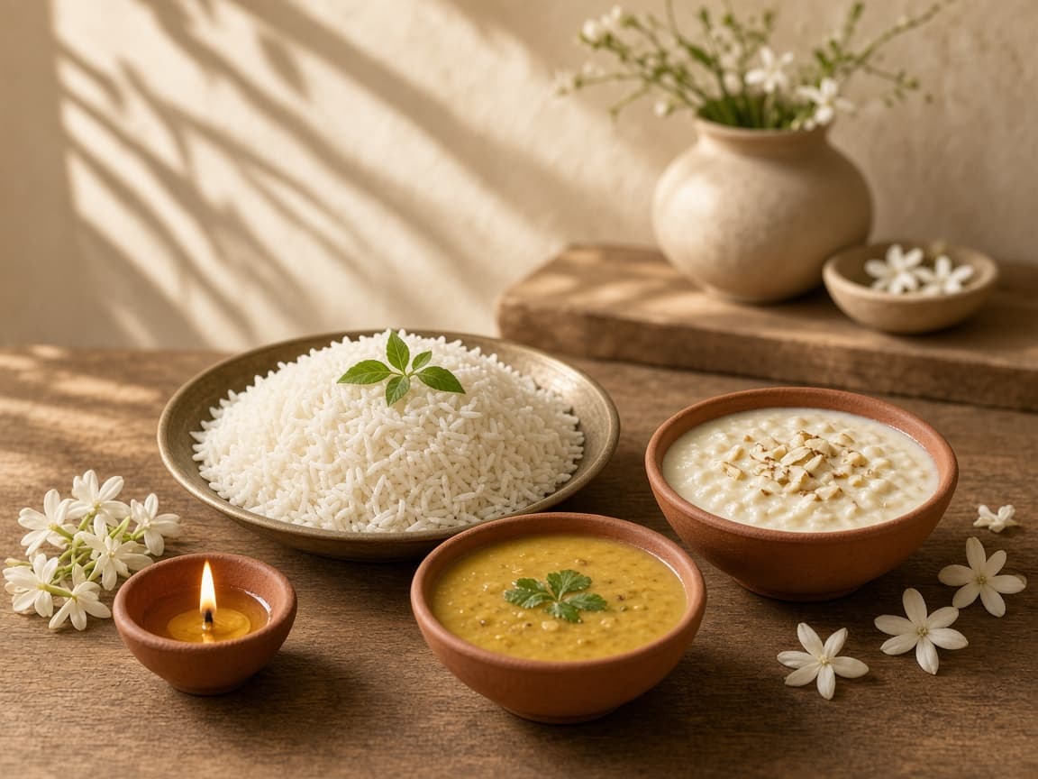 Sattvic offerings of rice, dal, kheer, diya and white flowers for Pitru Paksha