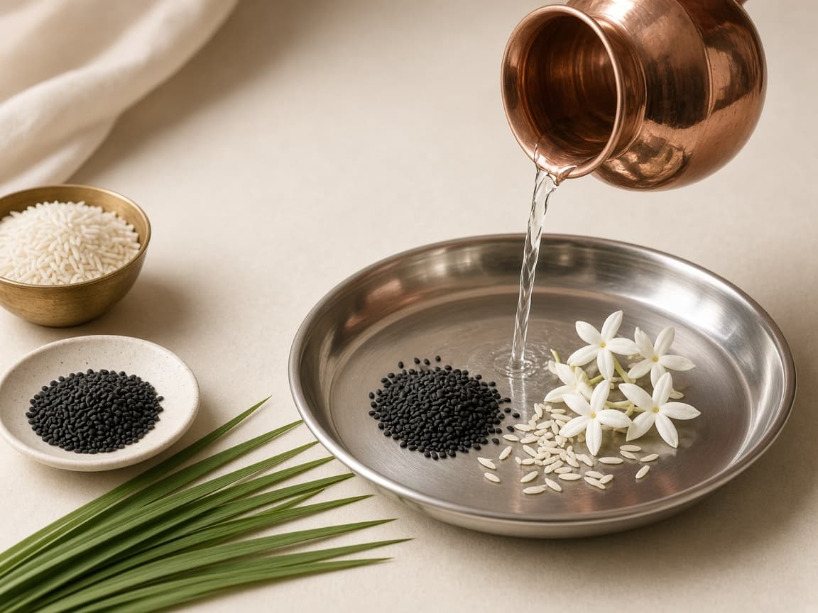 Copper lota pouring water with black til and flowers for Tarpan